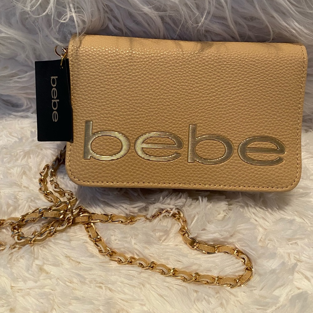 BEBE Fabiola Stamped Logo Crossbody Light Sand